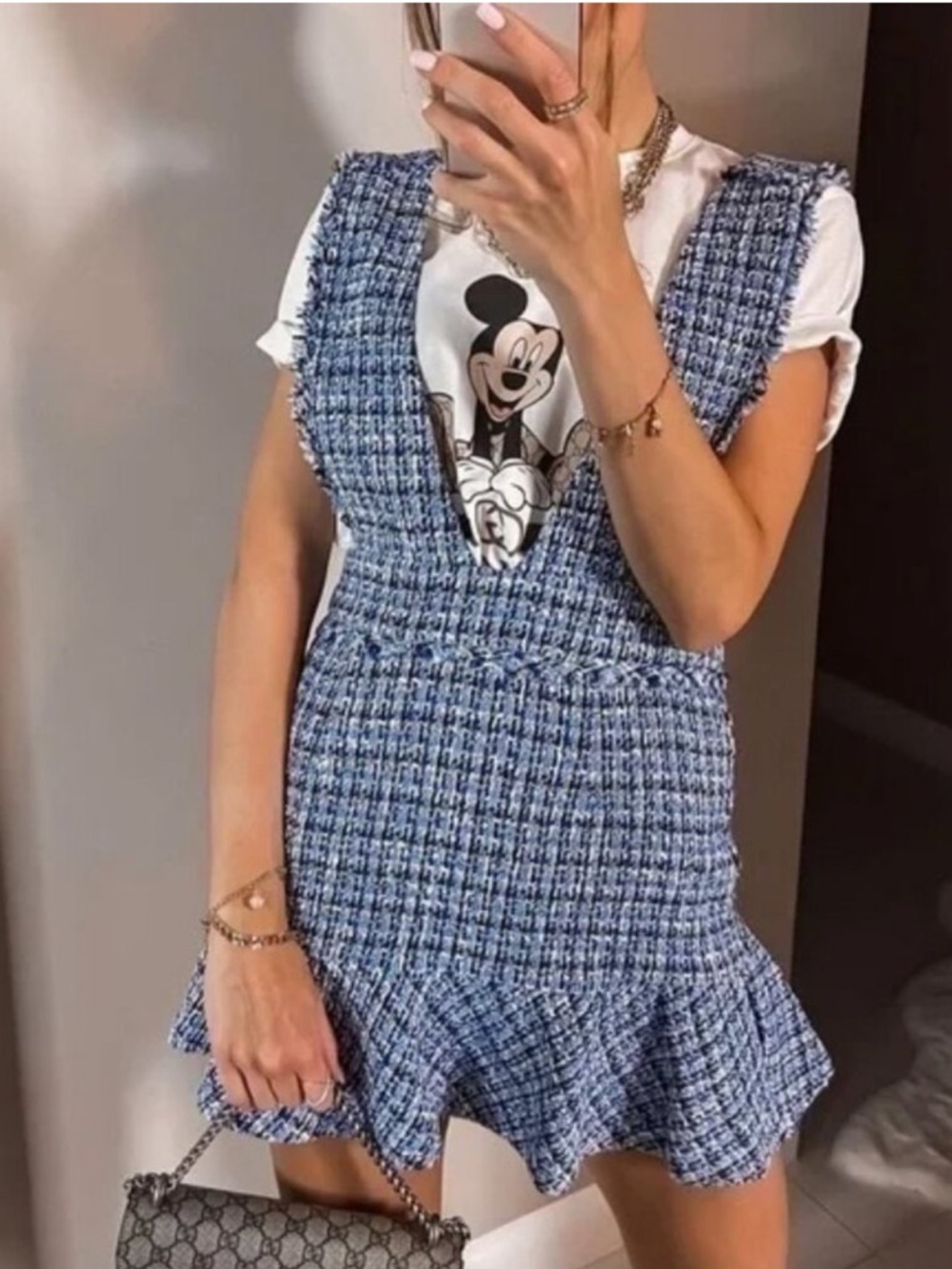 Zara Blue Tweed Pinafore Dress with Ruffle Hem
